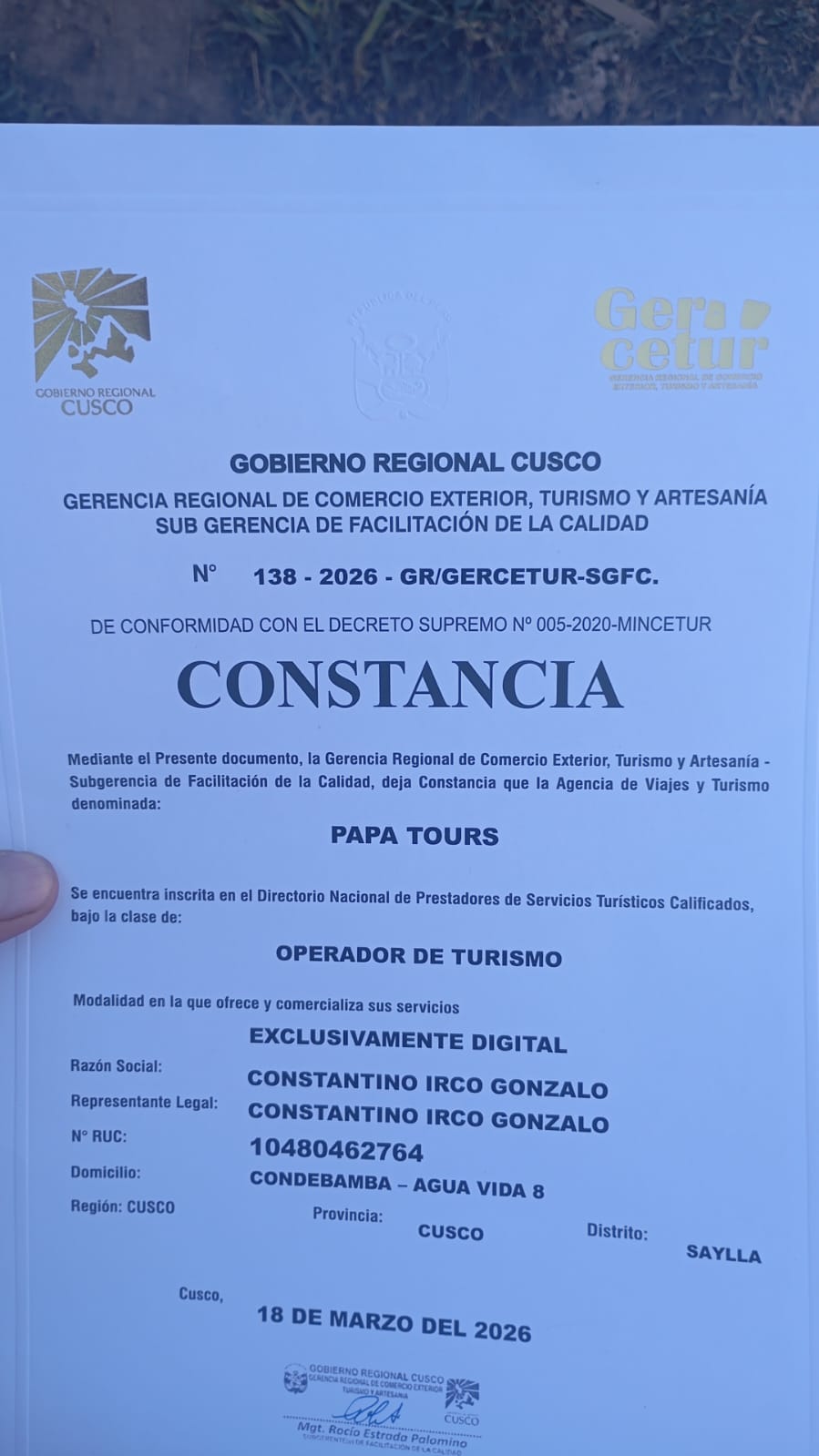 Certificado GERCETUR, Ficha RUC SUNAT y Código ESNNA de Papa Tours